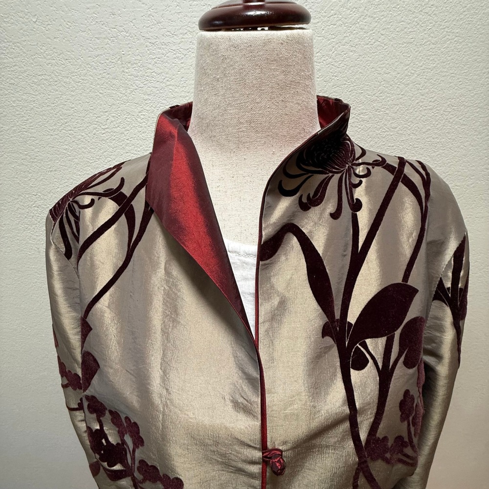 Elegant Asian Velvet Satin Floral Reversible Kimono Coat Size‎ 14 - Picture 2 of 16